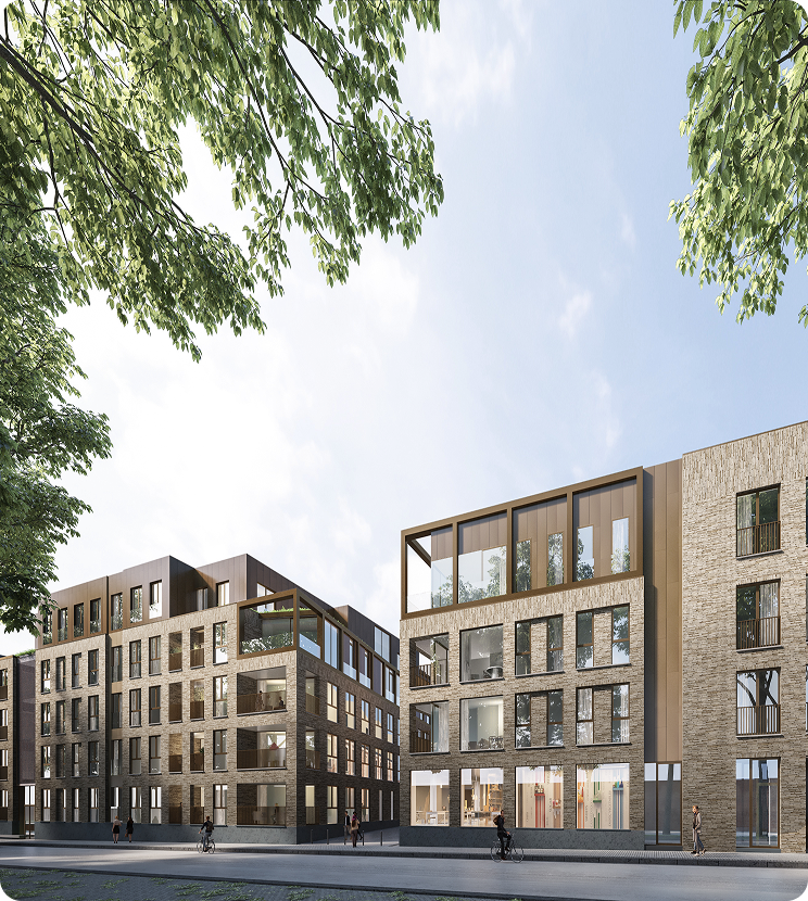 Wonen aan het Johny Turboplein: ontdek DamasK met terrassen en zicht op plein, patio of Leie in Kortrijk.